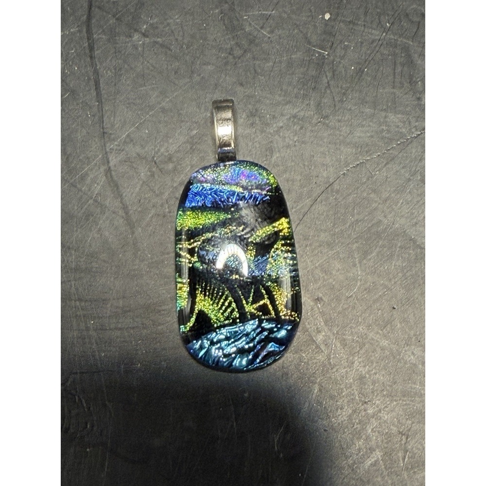 Handmade Dichroic Glass Pendant Signed Art Jewelry Blue Green